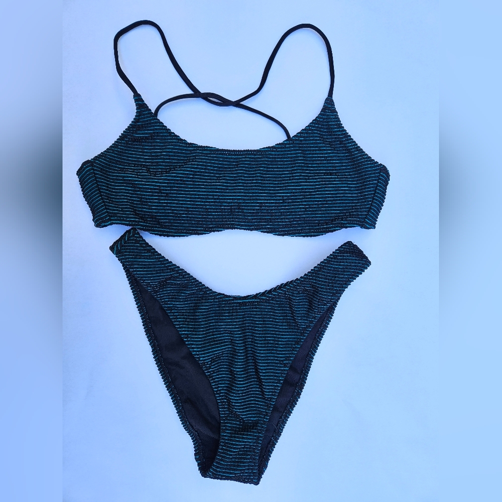 Striped Black and Green Bikini Set